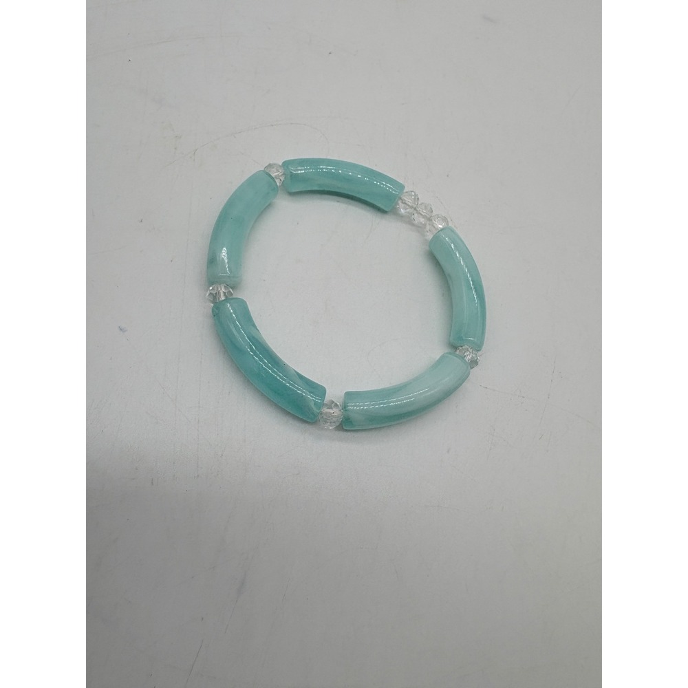 Aqua Blue Marbled Acrylic Tube Stretch‎ Bracelet Clear Faceted Bead